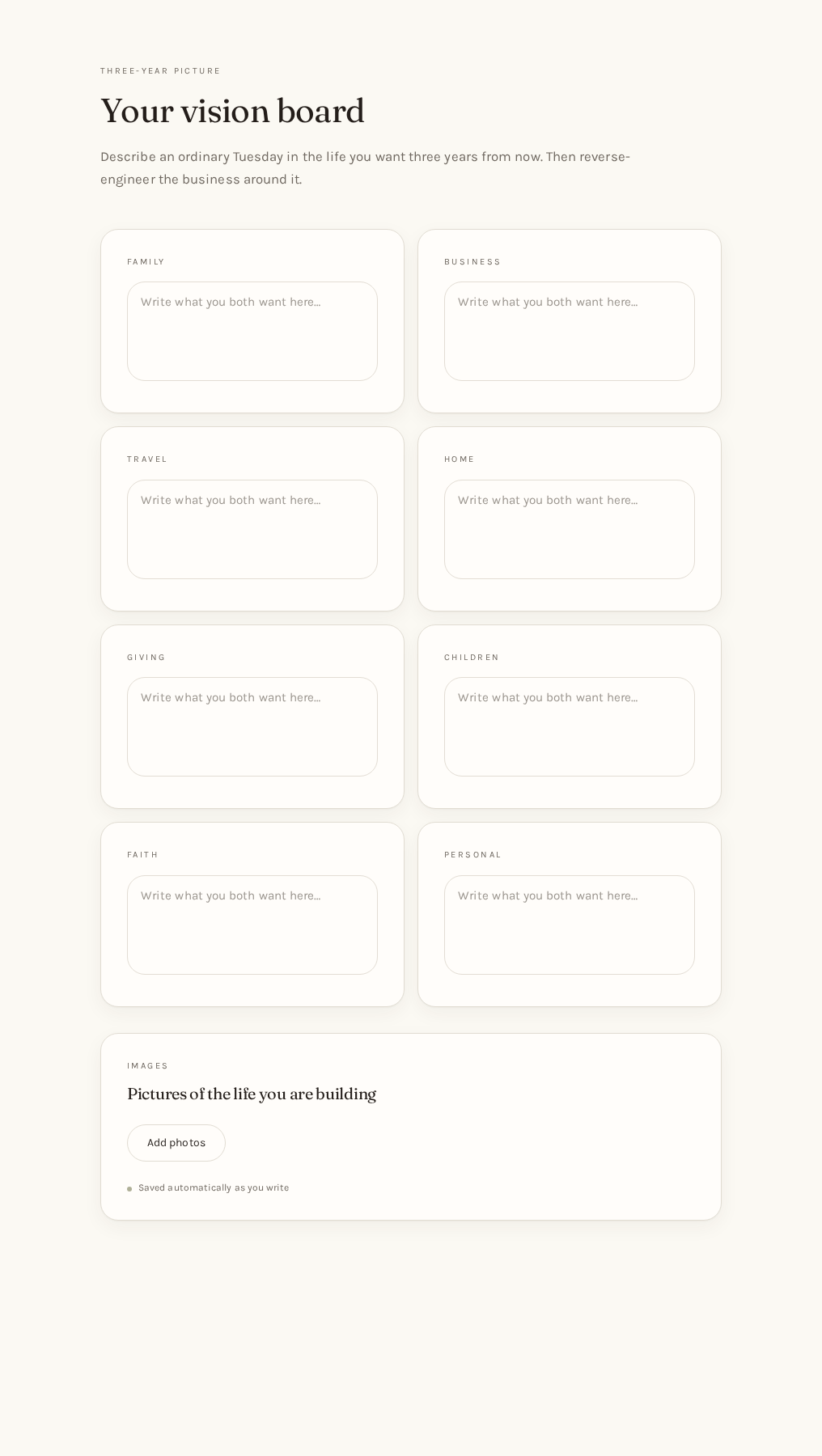 The shared vision board inside the digital workbook